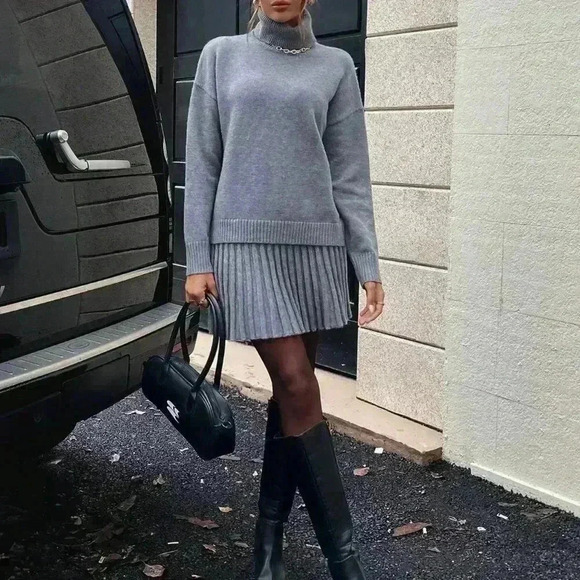 Grey Casual Women's High Neck Pullover Sweaters & skirt set - Picture 3 of 7